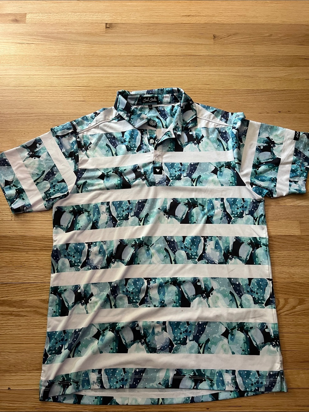 Bad Birdie Men's Golf Polo Blue Teal Cactus Floral Striped Short Sleeve Size L